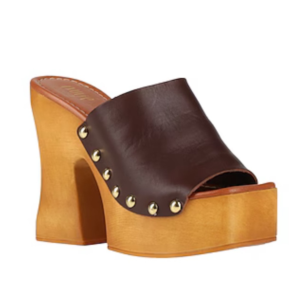Brown Leather Clog Sandal with Wooden Platform